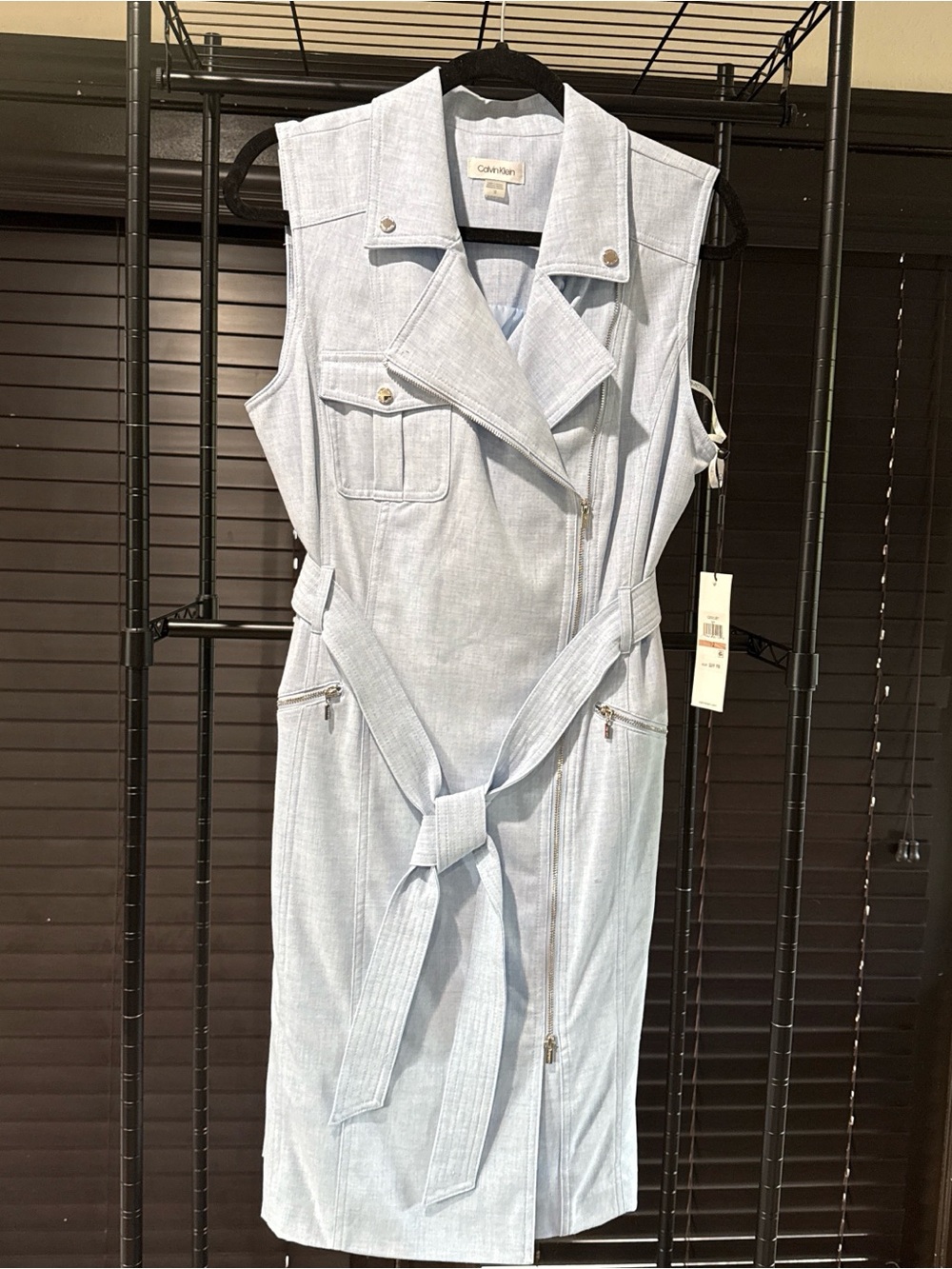 Calvin Klein Pale Blue Sleeveless Denim Moto Dress